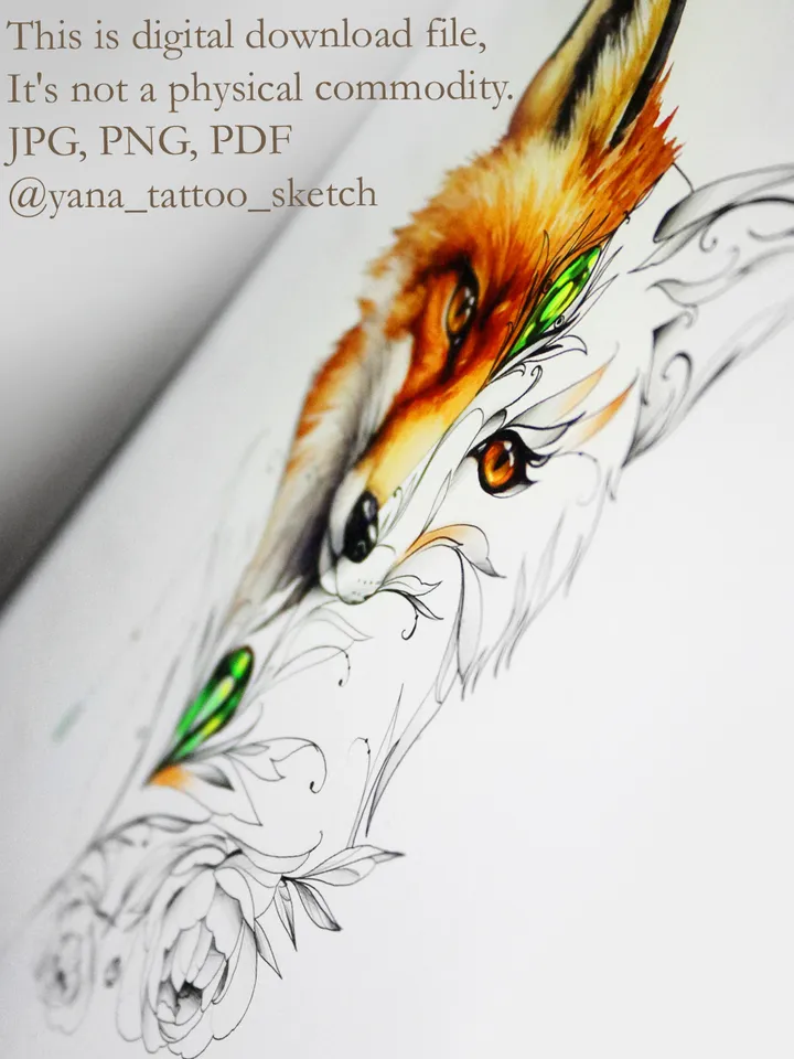 Fox Tattoo Design Fox Tattoo Drawing Idea For Females, Instant download PDF, JPG, PNG