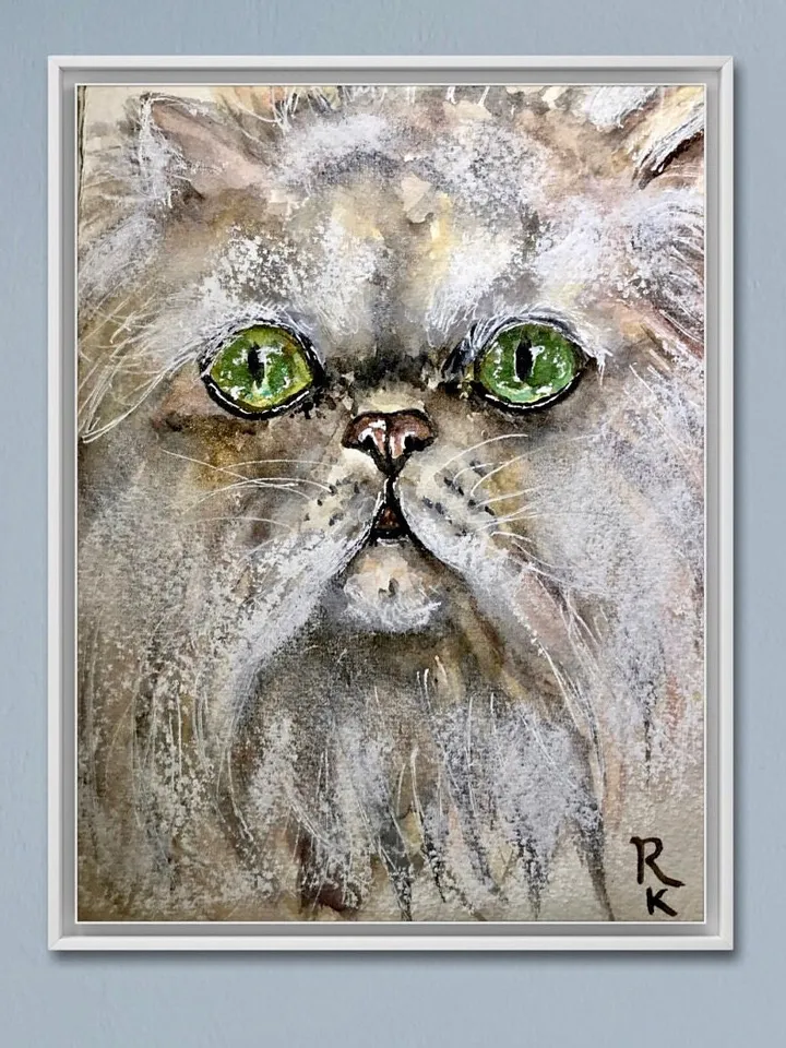 White persian cat original watercolor painting,cat lovers gift,animals watercolor painting.fluffy cat wall art,white cat art,special gift.