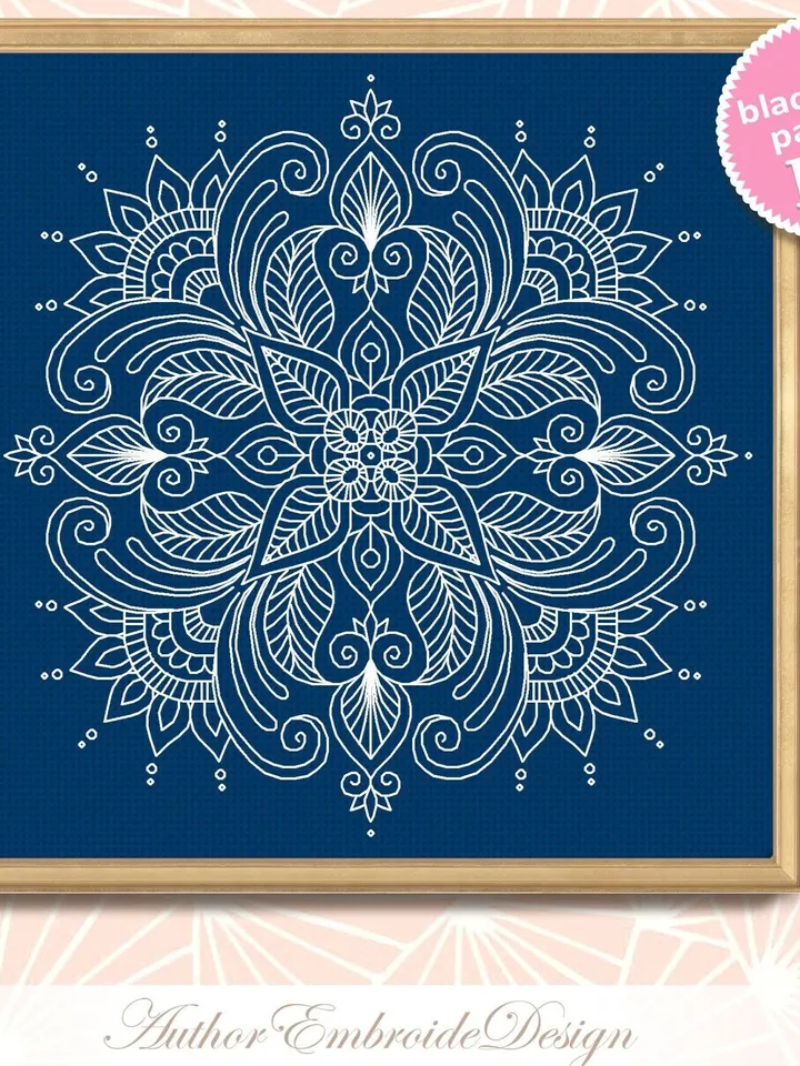 Floral mandala blackwork pattern PDF Blackwork mandala embroidery download PDF, Backstitch chart Mandala ornament, Blackwork embroidery #W30