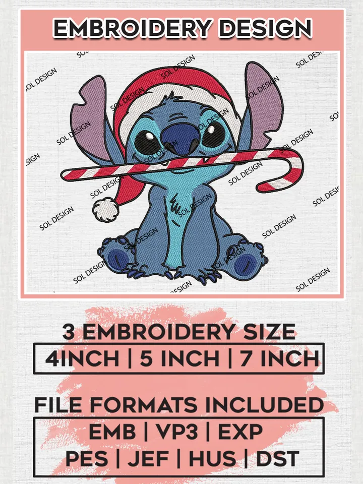 Stitch Santa x Christmas Candy Cane Embroidery Design Files, Disney Christmas Machine Embroidery, Disneyland Family Holiday, 3 sizes, Cute Christmas Machine embroidery designs, Digital Download