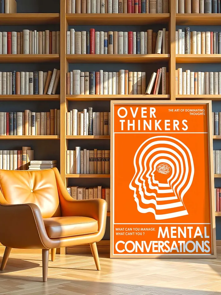 Overthinkers Wall Art Digital Print Retro Style Creativity Poster Eclectic Printable Artwork Trendy Room Decor Instant Download Orange White
