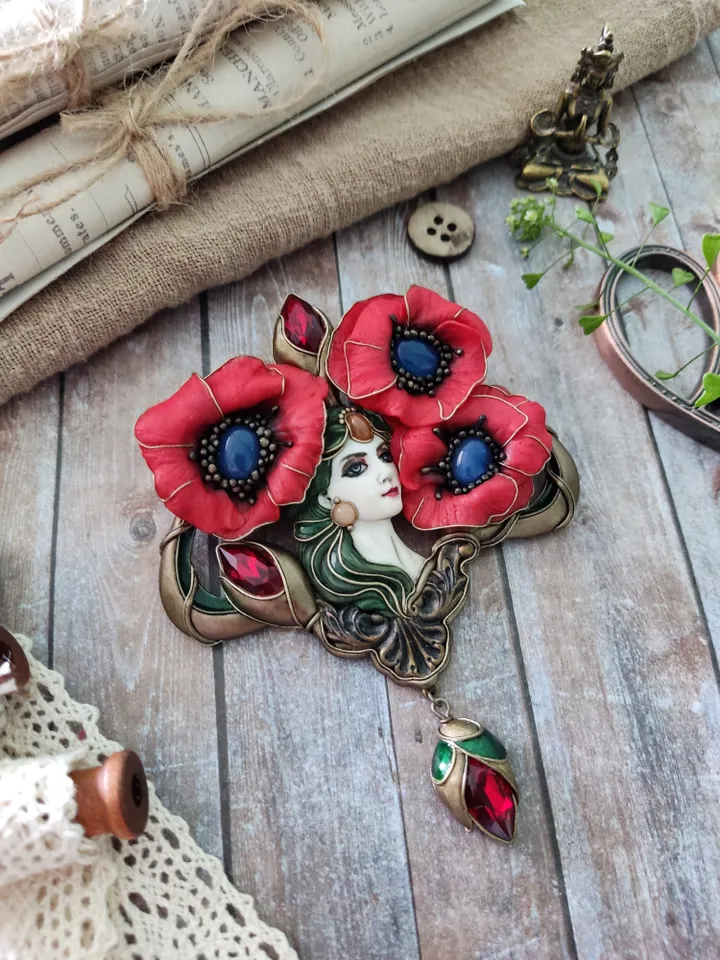 Virgin with Poppies, poppy brooch, red poppies, red flowers,poppy jewelry