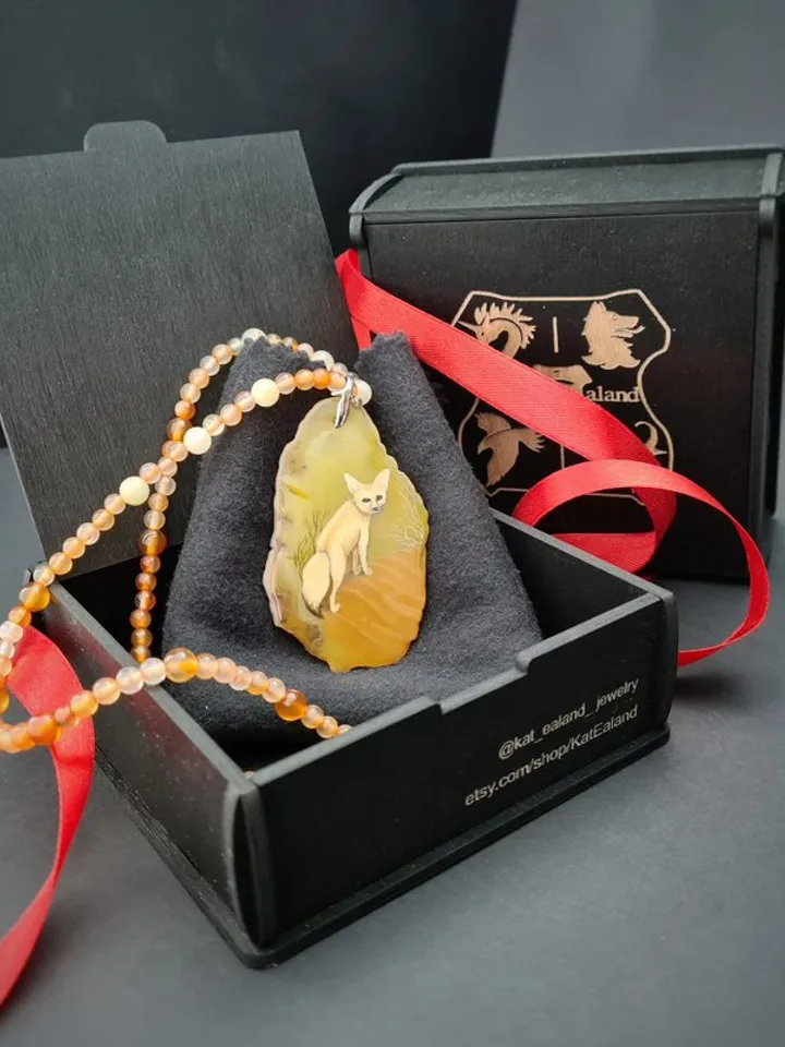 Desert fox fenech leather necklace Hand painted jewelry miniature painting