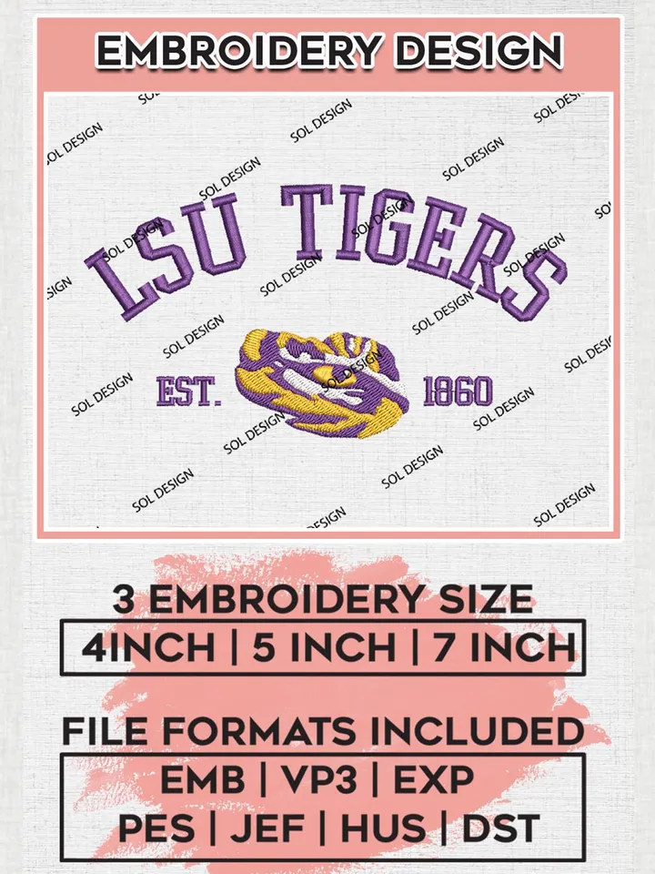 LSU Tigers Est 1860 Logo Embroidery Designs, NCAA LSU Tigers Team Embroidery, NCAA Team Logo, 3 sizes, Machine embroidery Files, Digital Download