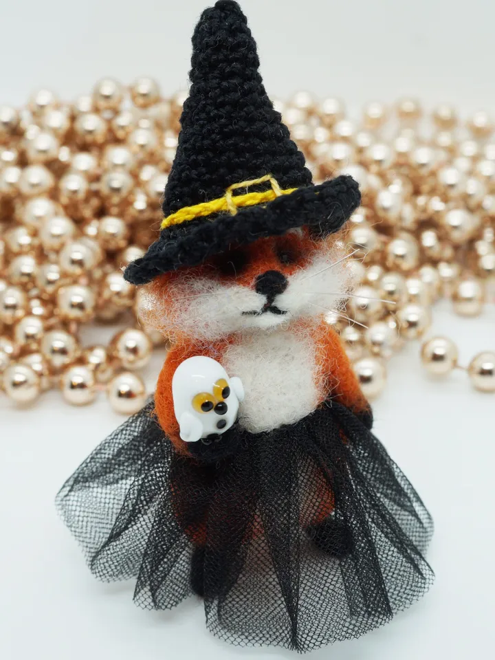 Glinda the fox, miniature needle felted fox in a witch outfit, ships from the US