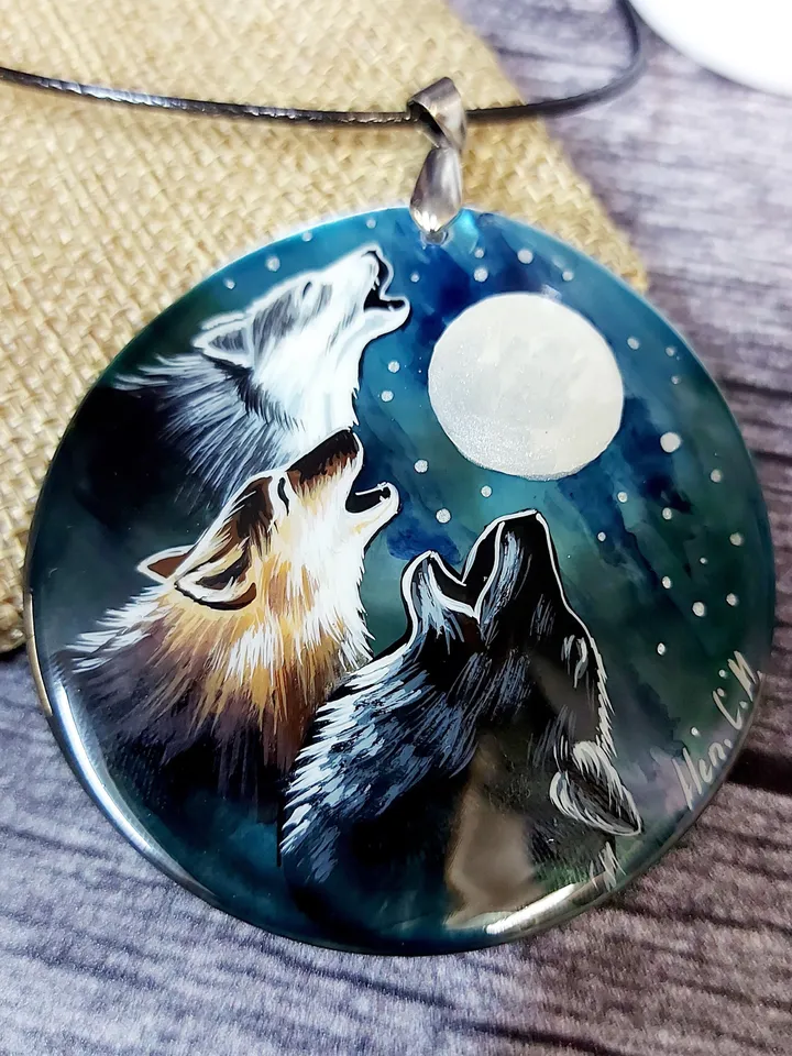 Pearl pendant necklace: The hunting pack of Wolves is howling on the moon • unique handmade jewelry • statement aesthetic necklace for dress