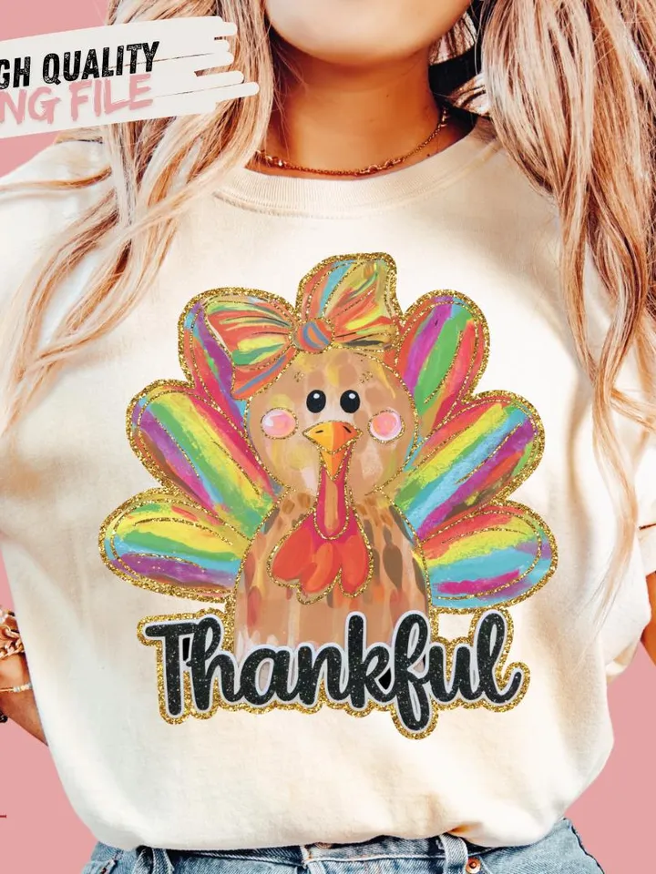 Colorful Coquette Turkey Png, Glitter Turkey Thanksgiving Png, Thankful Png, Dalmatian Dots Bow Fall Png, Hand Drawn, brushstroke