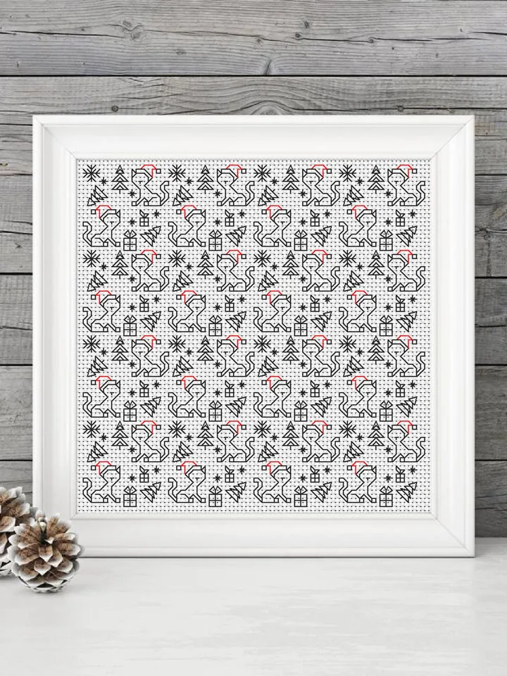 Cat geometric blackwork pattern PDF Easy Christmas seamless pattern, Backstitch repeating chart, Christmas ornament Digital download PDF #W1