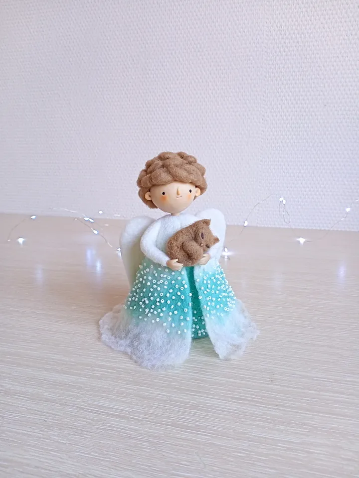 Waldorf inspired angel with cat\OOAK angel figurine\Wool needle felted magic angel art doll\Animal lovers gift\Loss pet gift\Keeper pets