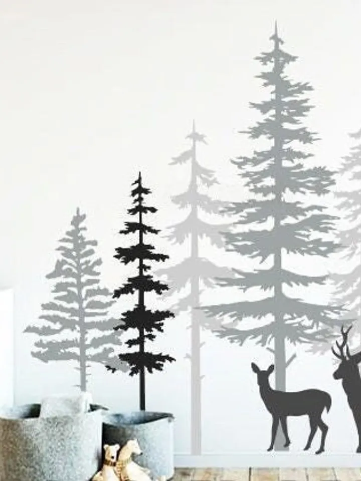 3 Color Pine Tree Forest Wall Decals - Tree Wall Decals, Forest Mural, Deer Decals, Large Wall Decals, Children's Forest Decals ga80