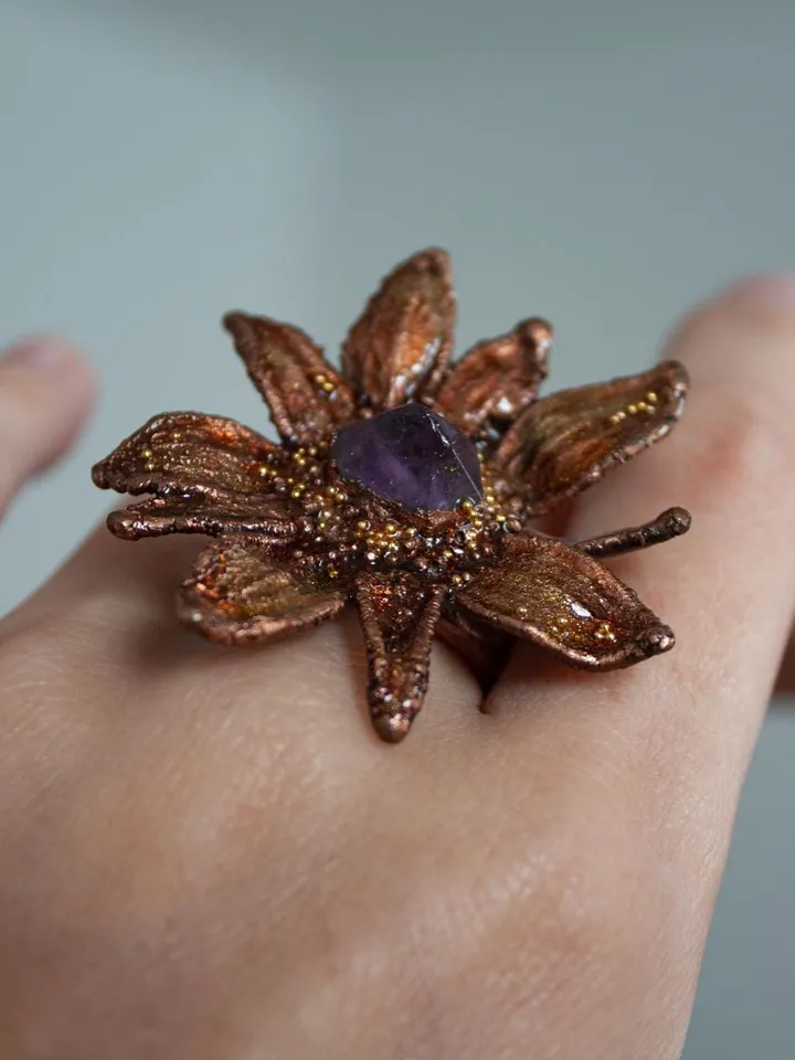 Unique handmade electroformed ring with amethyst