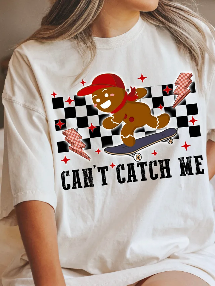 Boys Christmas PNG, Can't Catch Me design, Retro Funny Christmas Sublimation, Skateboarding gingerbread in cap, download