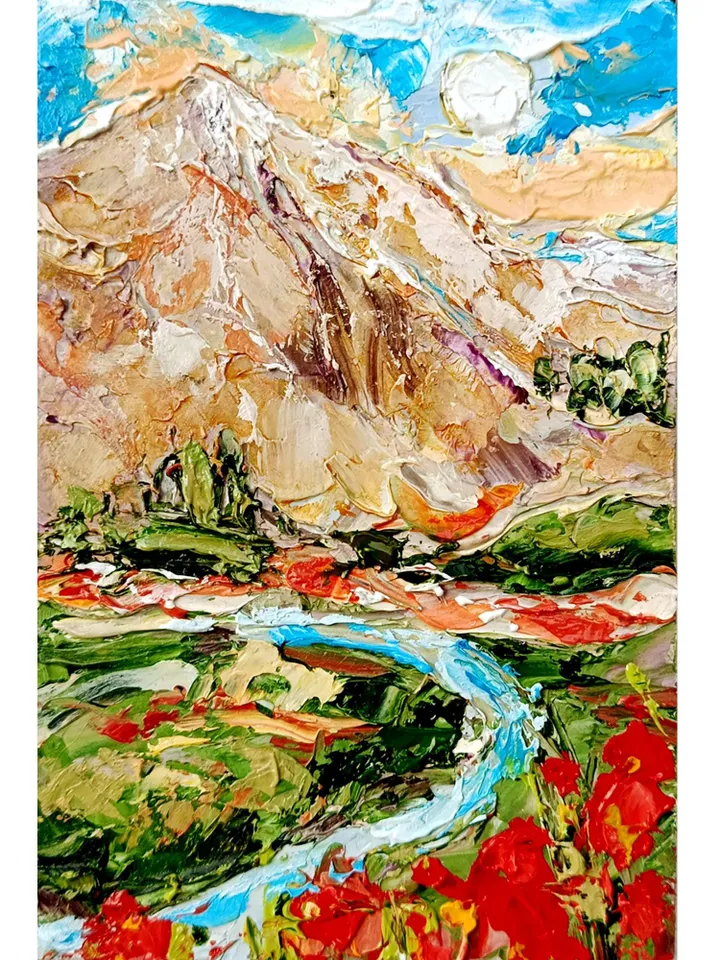 Rocky Mountains Painting Colorado Original Art Impasto Oil Painting Pine Trees Painting Poppy Small Wall Art  6 by 4 by Art ProkopaloSv