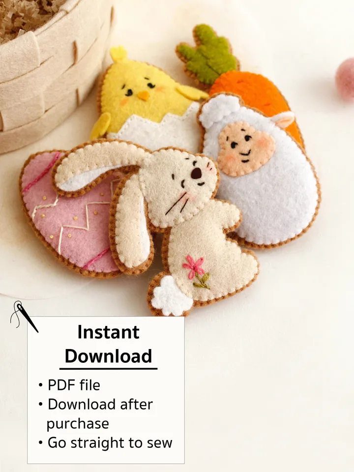 Felt basket with Easter cookies hand sewing PDF tutorial with patterns. DIY Easter ornament. Felt Easter table decoration