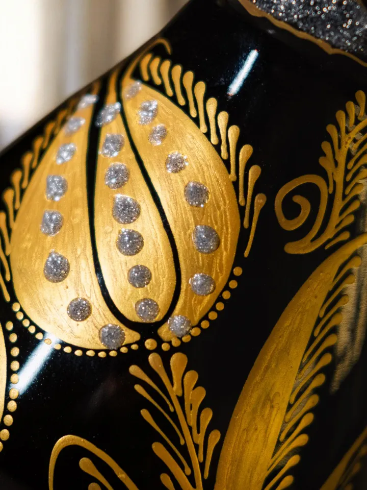 Vase For Flowers | Hand-Embellished Floral Design | Stylish Contemporary Home Decor | Decorative Black Flower Holder