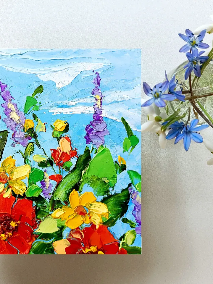 Wildflower Painting Flower Daisy Original Art 6x6” Floral hand-painted Mini Landscape Art Small Unique Art Decor by ArtProkopaloSv