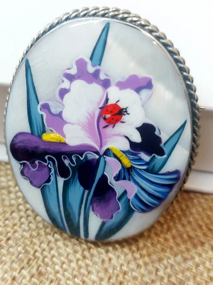 Mother-of-pearl Russian brooch "Iris Flower ", Miniature hand-painted, Russian fine art jewelry, Аbalone shell. Russia gift for woman. Pin