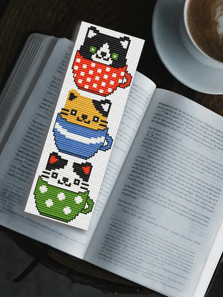 Cross stitch bookmark pattern Kittens in a Cup