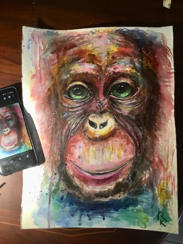 Funny Monkey original painting,watercolour mix media fantasy painting ,chimpanzee painting,animals original artwork,monkey wall art