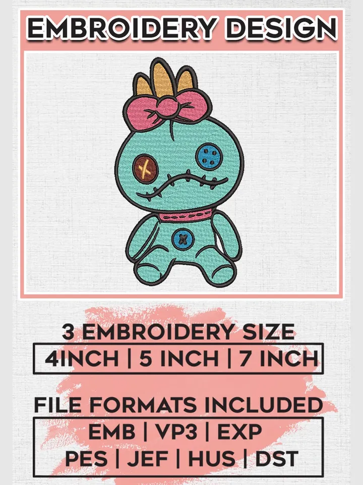 Scrump Doll Stitch Disney Cartoon Embroidery Designs, Lilo and Stitch Machine Embroidery Files, Cartoon Character Machine embroidery designs, Disney, 3 sizes, Digital Download EMB_CARTOON_130
