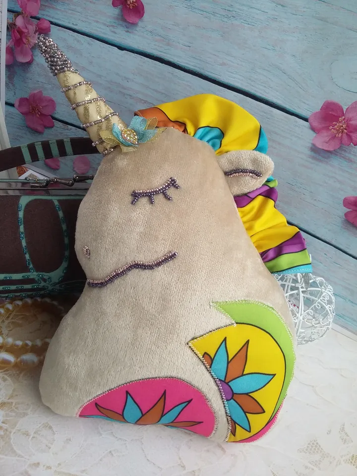 Unicorn pillow yellow,magical fairy horse with a white mane,sleeping unicorn puppy,unicorn head,favorite horse,textiles for girls,travel