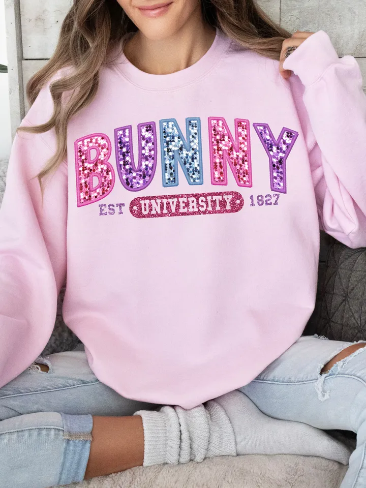 Trendy Bunny University, Embroidery Sparkly, Faux Sequins, Easter Png, Cute Easter Day Shirt, Trendy Easter Day Png, Sleeve Sublimation