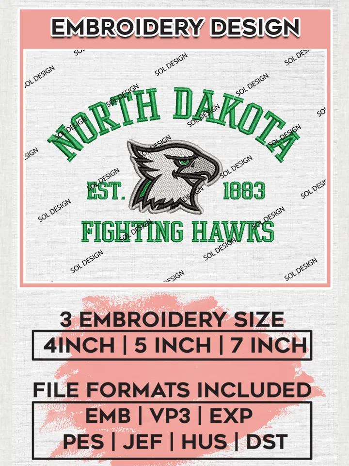 North Dakota Fighting Hawks Est 1883 Logo Embroidery Designs, NCAA North Dakota Fighting Hawks Team Embroidery, NCAA Team Logo, 3 sizes, Machine embroidery Files, Digital Download