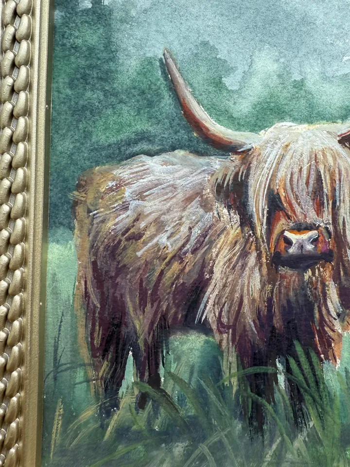 Framed Cow Gouache Painting Original Young Calf Art Framed Animals Decor Dark Cottagecore Art
