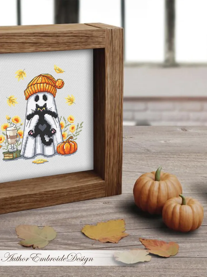 Ghost with black cat cross stitch pattern PDF download Cute ghost cross stitch chart, Halloween pattern digital PDF, Fall leaves #H87