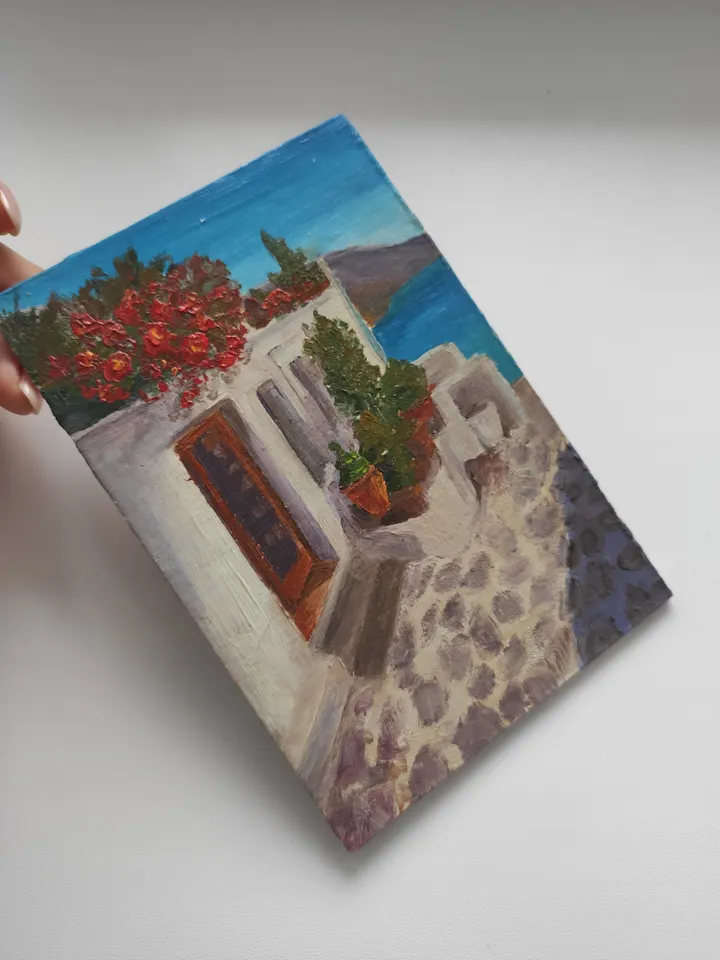 Oil painting on cardboard the house in Greece