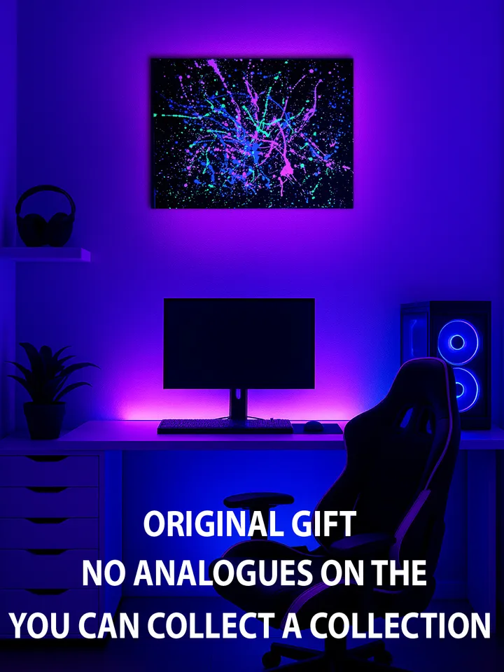 "Night Berlin" neon splash oil painting on canvas fluorescent art abstract art original black light painting