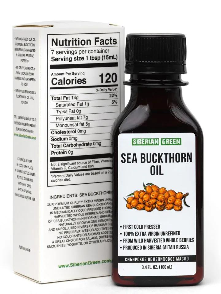 Siberian Sea Buckthorn Seeds and Berries Oil Natural Extra Virgin Cold Pressed 100 ml/3.4 fl oz Premium Carotenoids