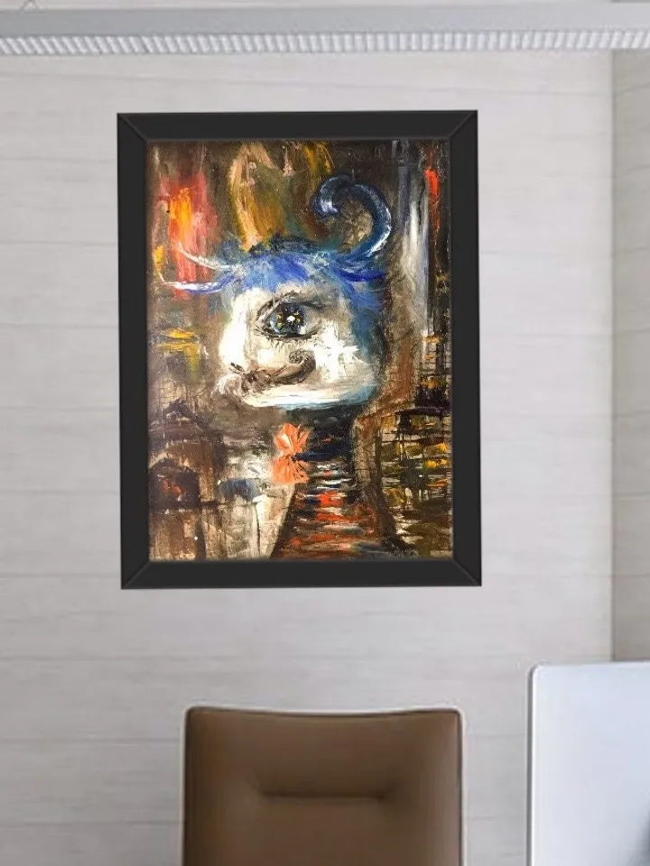 Funny cat painting,abstract animal painting,original oil painting on canvas board.