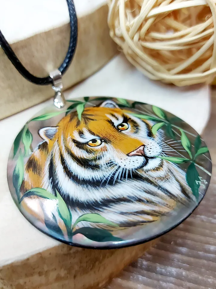 Pendant "Tiger" Mother-of-pearl Hand-painted Summer jewelry Russian jewelry magic of painting fine art jewelry Fedoskino Gift Collectible