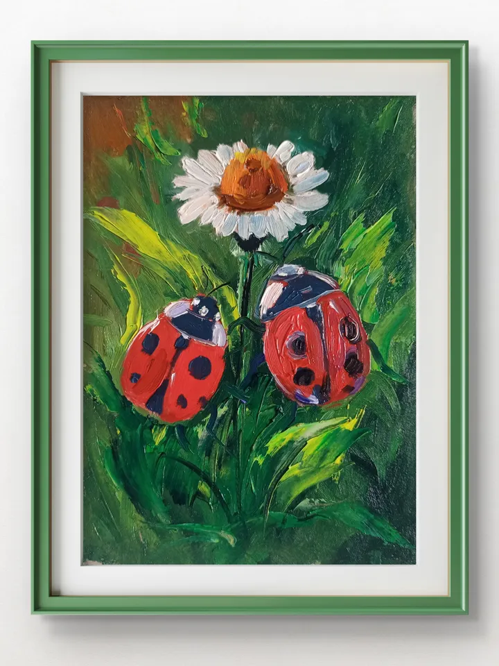 Oil painting wall art bumblebee wall art diptych painting flowers and insects summer bee spring wall decor, gift Pair painting ladybug art