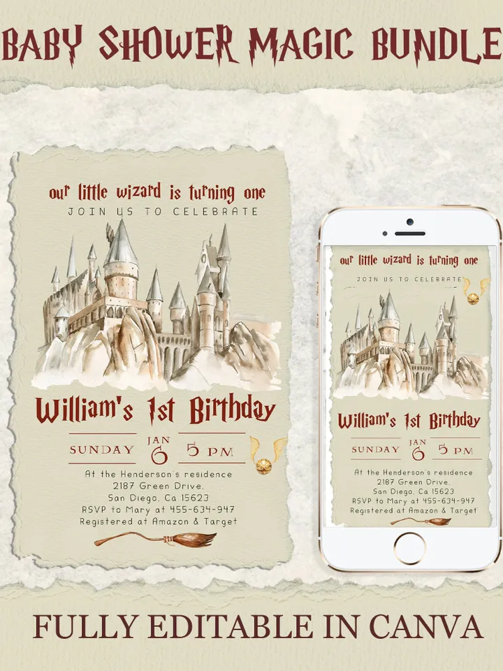 Wizard School 1st Birthday; Magic School Party Invite Template; The Chosen One Wizard Birthday Invitation; Magical First Birthday canva diy
