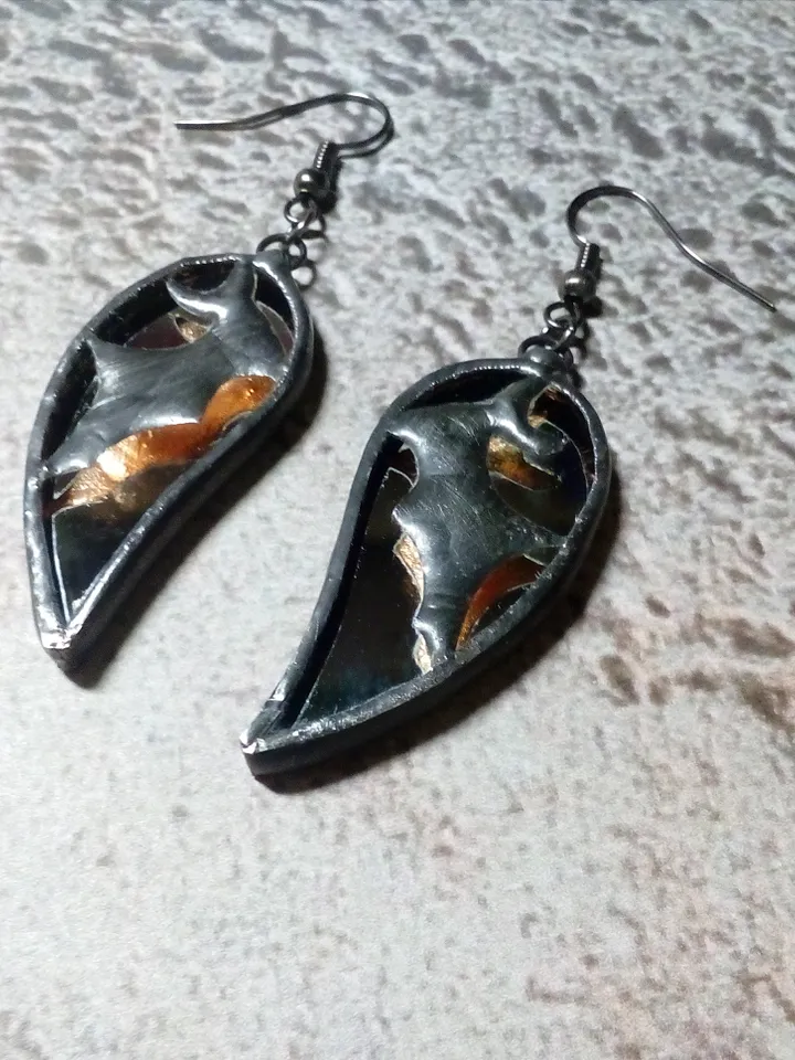 Glass black BAT mirror earrings, Goth black earrings, Halloween stained glass, Bat wings earrings, samhain