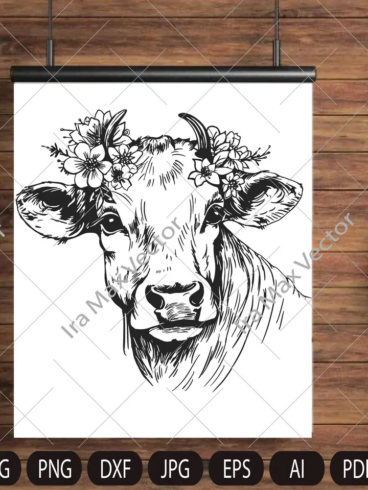 Cow SVG file, Cow with Flower Crown SVG, Cow cut file, Animal Face, Floral Crown, Cow with Flowers on Head, Cute Cow svg, Farm Animals, Barn