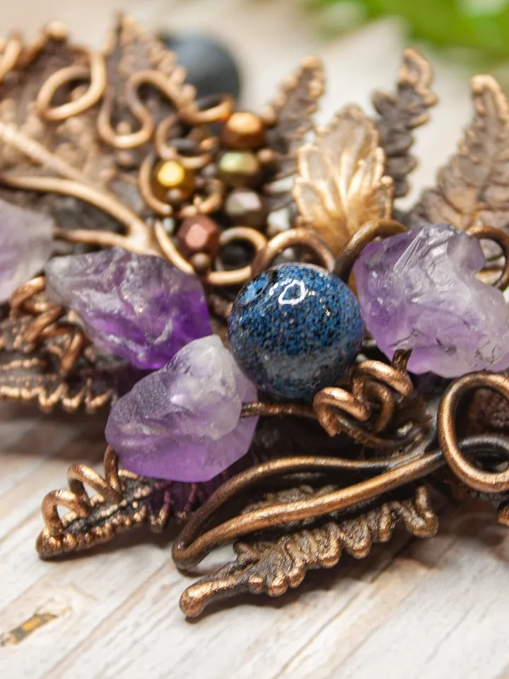 Copper handmade fern leaf brooch, amethyst buds, blueberry beads, nature jewelry, forest bunch, great gift for her, electroforming