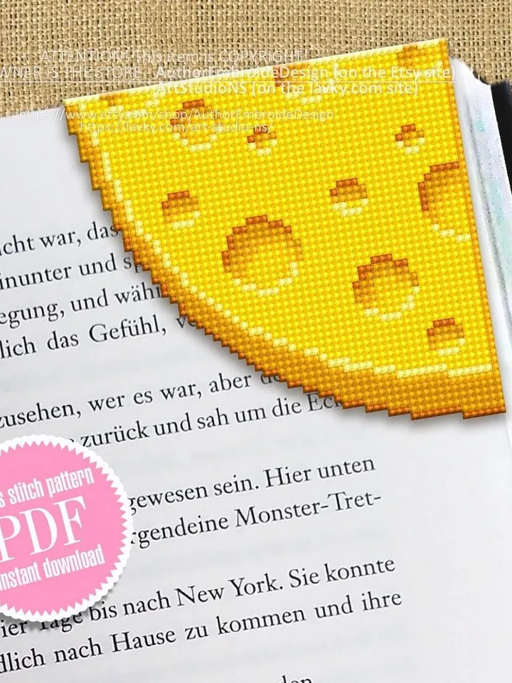 Corner bookmark cross stitch pattern PDF download Cheese cross stitch chart, Food bookmark digital PDF, Funny bookmark for beginner #B244