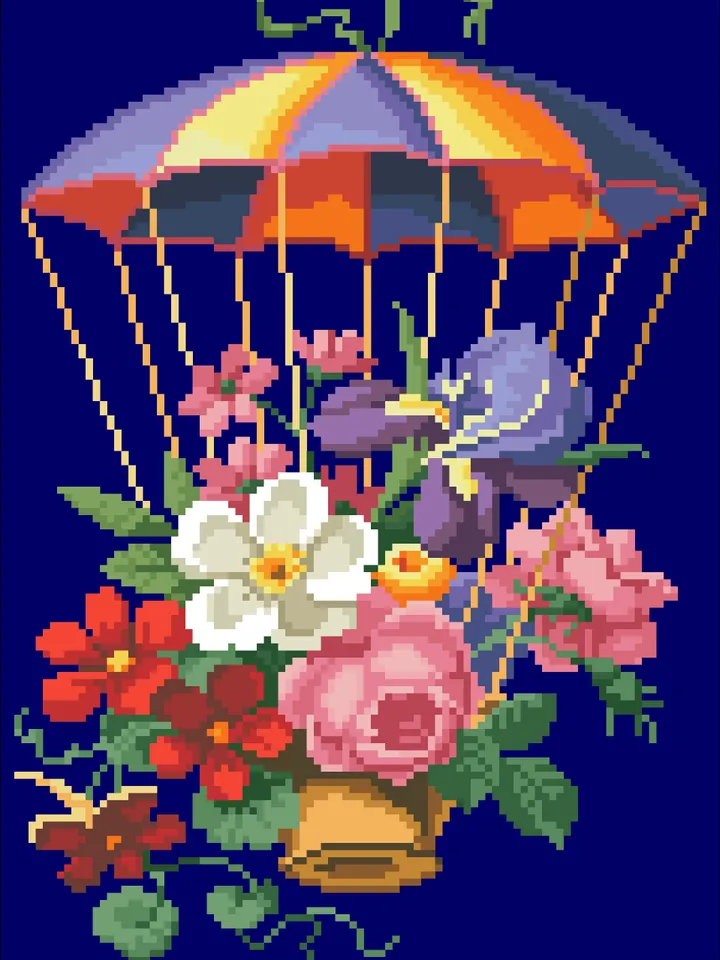 Antique Cross Stitch Pattern Parachute with a Bouquet Counted Digital Download PDF