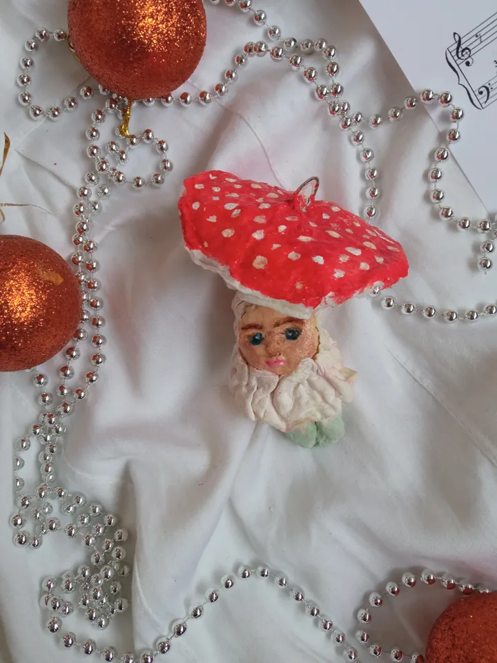 Fairytale fly agaric mushrooms with people - magical Christmas decor or home decor indoor
Christmas tree toy. Amanita mushrooms