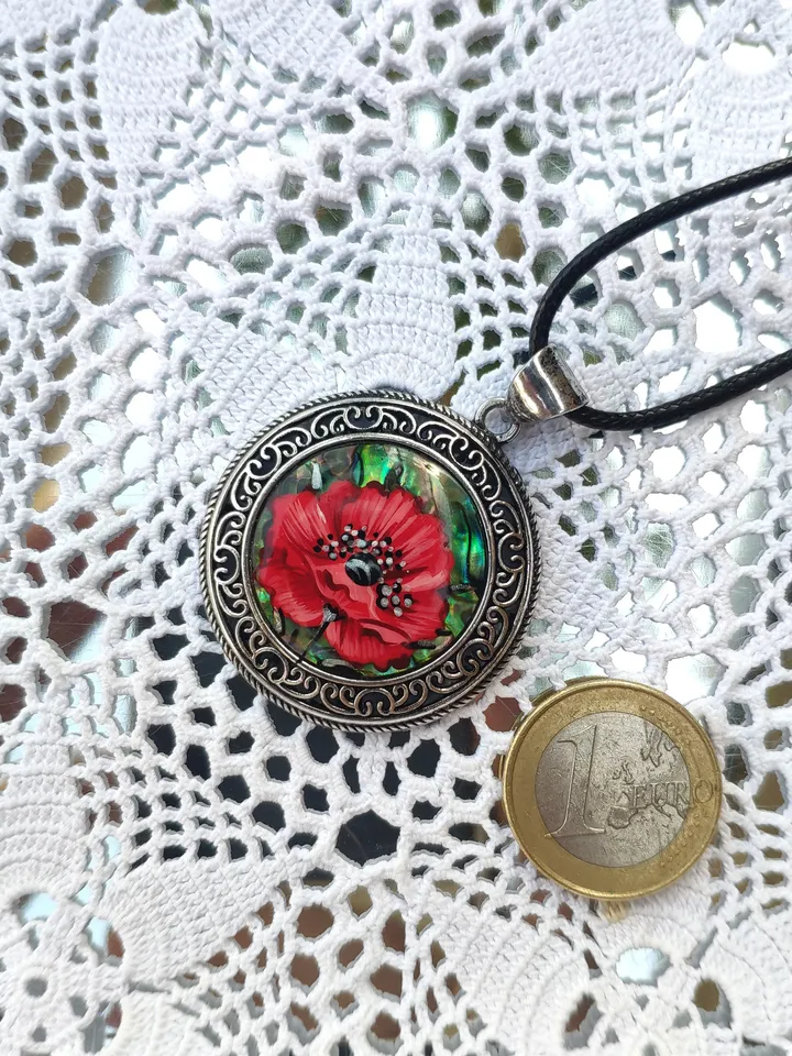 Pearl pendant necklace: Exquisite Red Poppy on Heliotis Pearl Pendant featuring an intricate openwork frame • Elegant red floral necklace