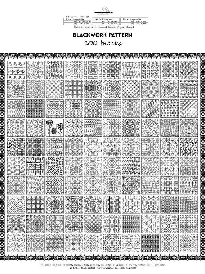 100 Blocks BLACKWORK pattern Cross Stitch Pattern Embroidery Sampler, Carpet Cross Stitch, Instant Download PDF - 1