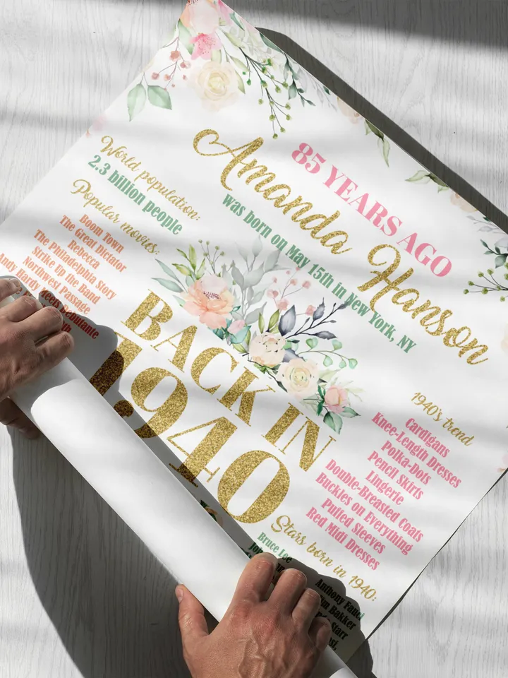 85th Birthday Poster, 85th Floral Birthday, Back in 1940, 85th Birthday Decoration, 85th Birthday Gift, born in 1940 Birthday Poster