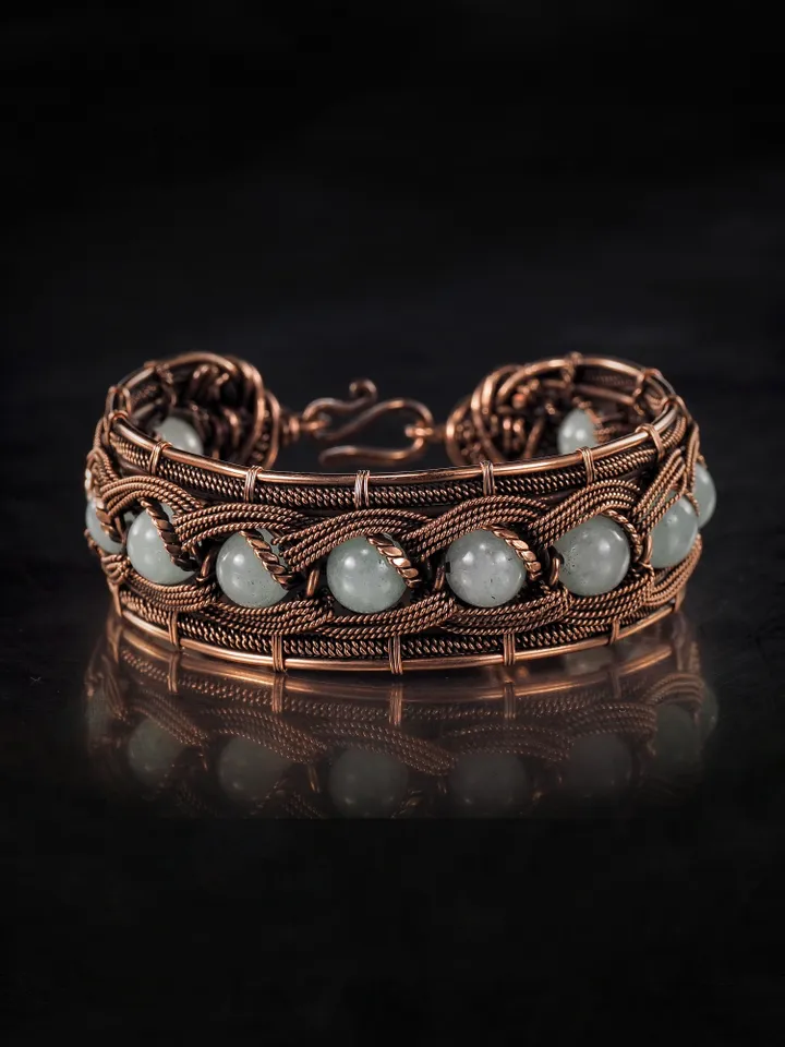 Copper wire wrapped chalcedony bracelet Unique woven copper wire bangle
