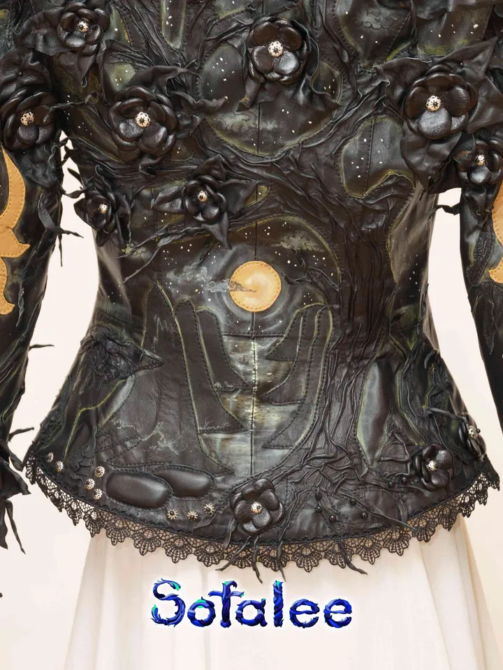 The luxury 3D floral women's Jacket of black genuine leather with beige application,Handmade aristocratic style clothing