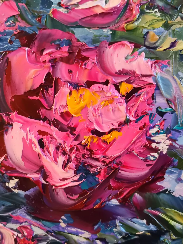 Oil Painting Peony Flowers Bushes Landscape Impasto Original Artist Svinar Oksana
