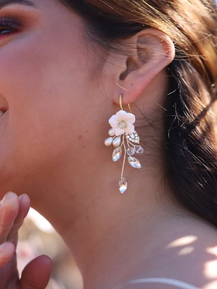 Delicate Porcelain Flower Wedding Earrings, Opal Jewelry, Boho Wedding Earrings, Pearl Floral Bridal Earrings, Gold Leaf Wedding Jewelry Set