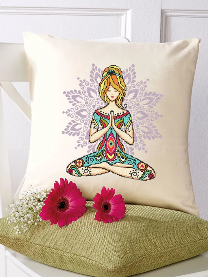 Yoga girl with mandala cross stitch pattern download PDF Yoga cross stitch chart, Chakra meditation cross stitch, Yoga art, Home decor #M187